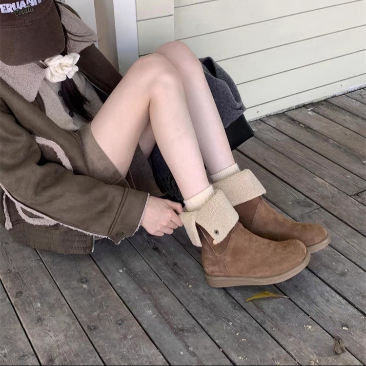 真软皮厚底版~复古短筒马丁靴女秋冬两穿磨砂纽扣骑士靴配裙子