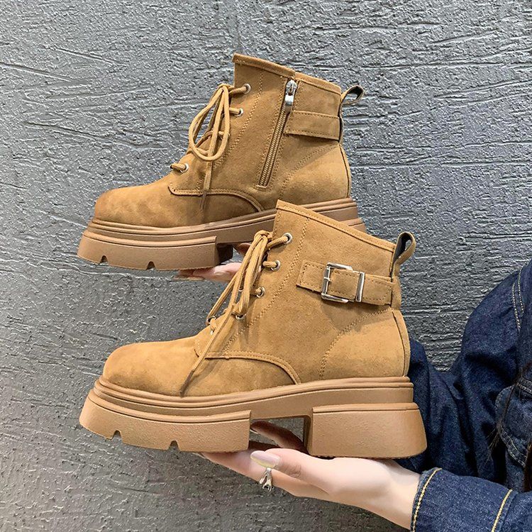 洋气马丁靴女2023秋新款磨砂英伦风短筒大黄靴系带沙漠户外工装靴