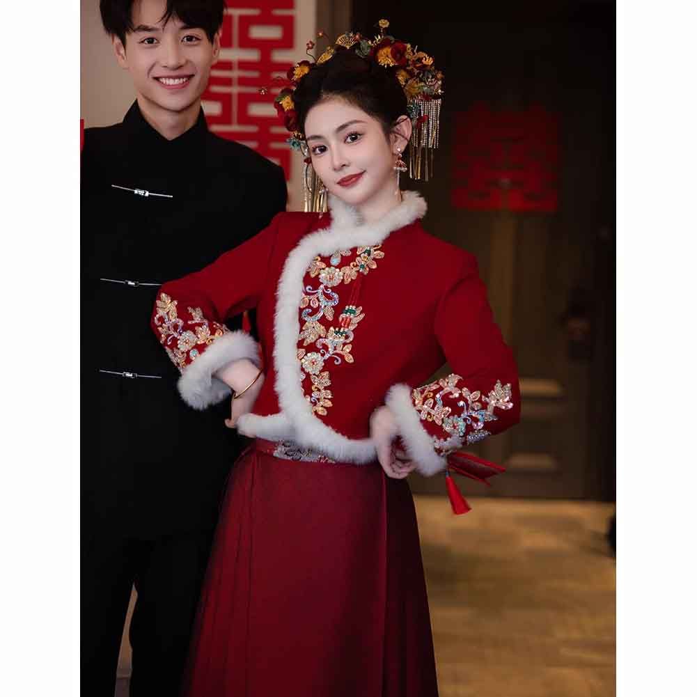 新中式国风新娘结婚敬酒服订婚高级感小众气质外套马面裙套装秋冬