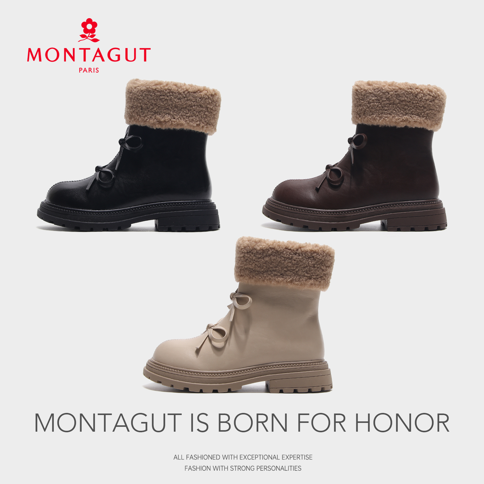 Montagut梦特娇冬季2025雪地靴加绒加厚皮棉靴女童BGF9751Y