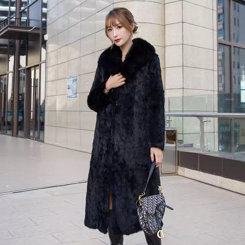 狐狸毛领大码女装时尚兔毛皮草外套加长款秋冬季保暖妈妈皮毛一体