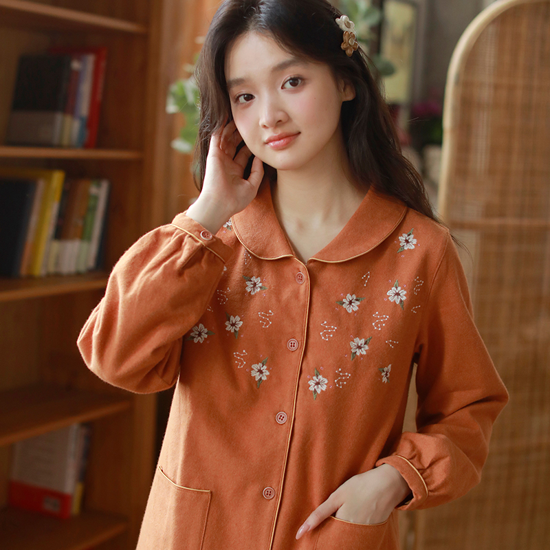 【贝壳】秋冬纯棉女士睡衣简约刺绣磨毛宽松翻领长袖长裤家居服套装