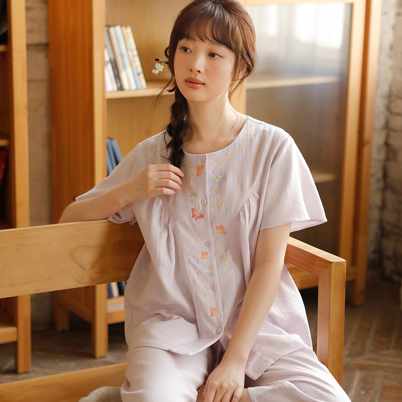 【蝶恋花】春夏纯棉女士双层棉纱睡衣刺绣圆领休闲七分裤大码套装
