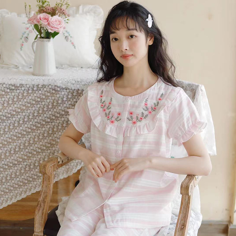 MEJU/蔓秋【陌上花市】重工刺绣春夏女士纯棉短袖长裤套装家居服