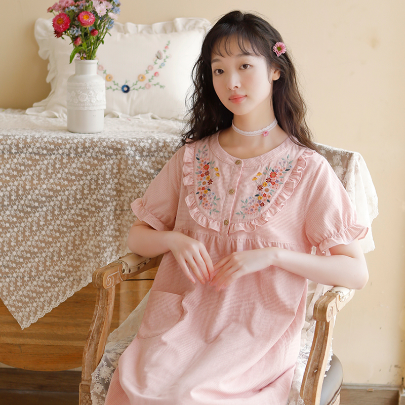 【小雏菊】女士春夏纯棉双层纱精美刺绣短袖长裙可外穿睡裙夏天