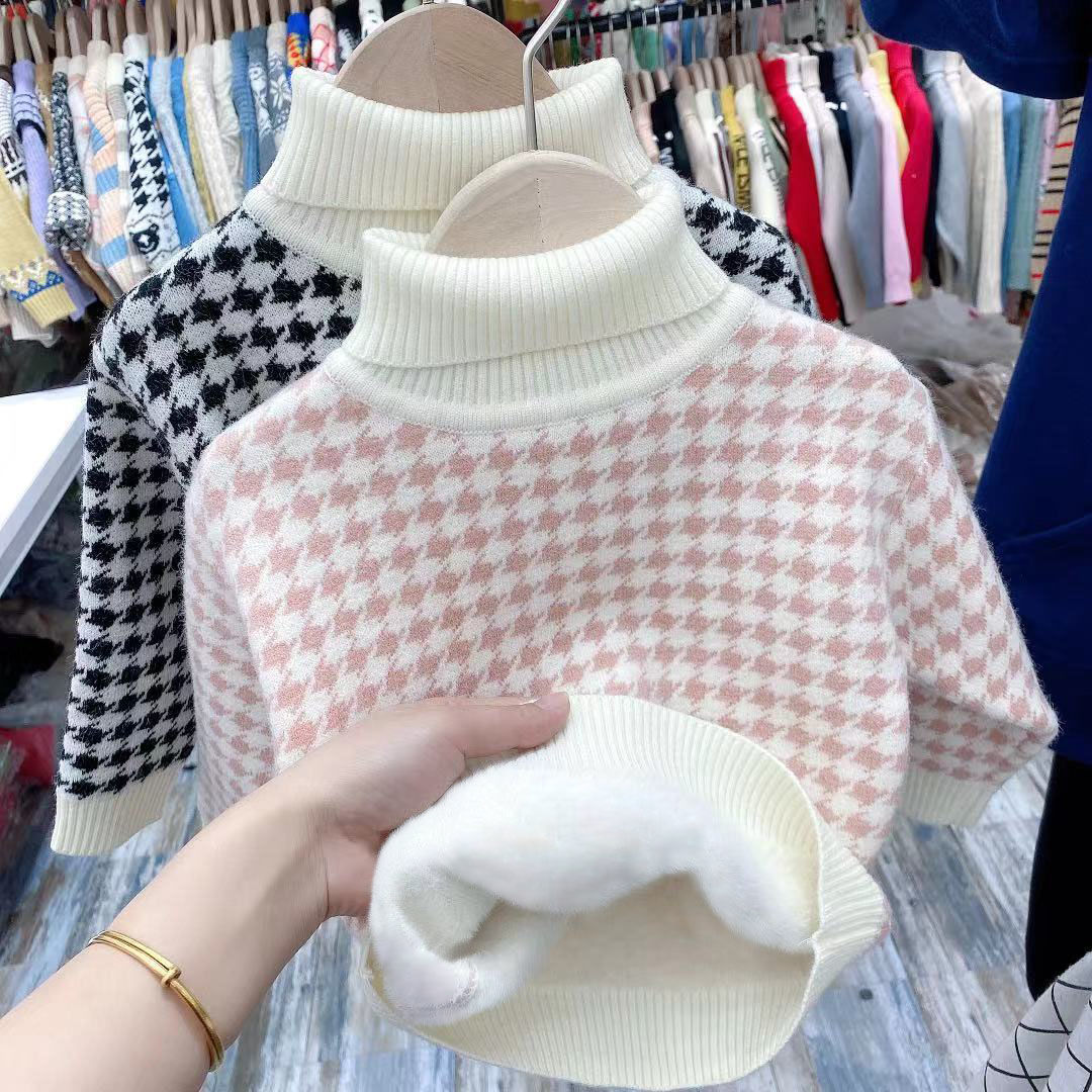 【童梦缘】女童毛衣一体绒新款保暖儿童打底衫弹力粉色小宝宝高领