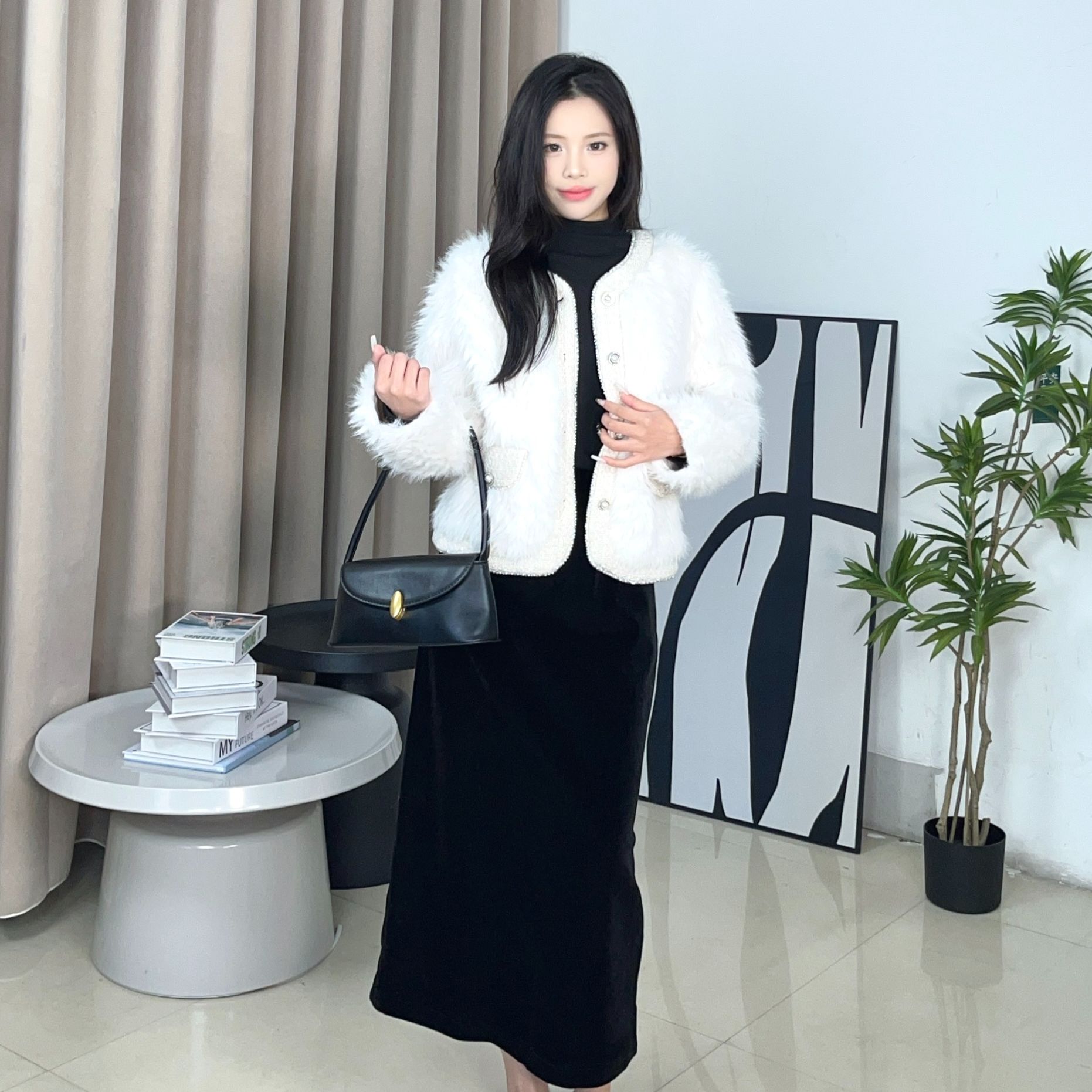 冬季法式气质小香风冬季时尚高级感皮毛一体丝绒裙两件套装女韩版
