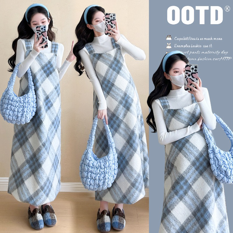 孕妇装2024秋冬新款连衣裙毛呢背带裙减龄高领打底