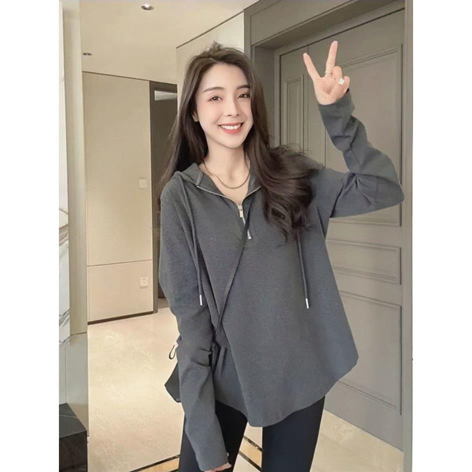 纯棉正肩中长款长袖T恤女春秋设计感小众拉链上衣宽松连帽打底衫