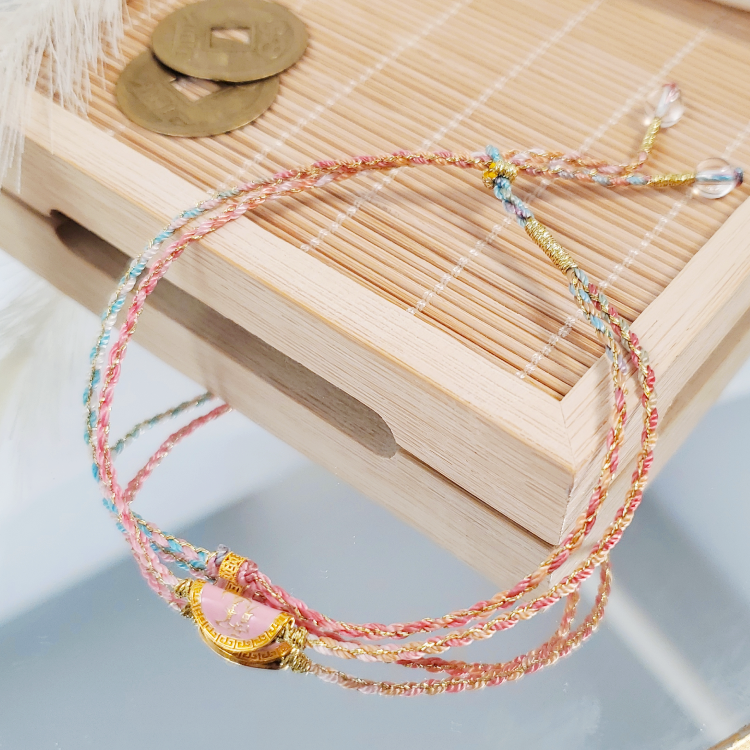 G1975 18K金粉色烧蓝饺子钱币双层手绳（含绳重）