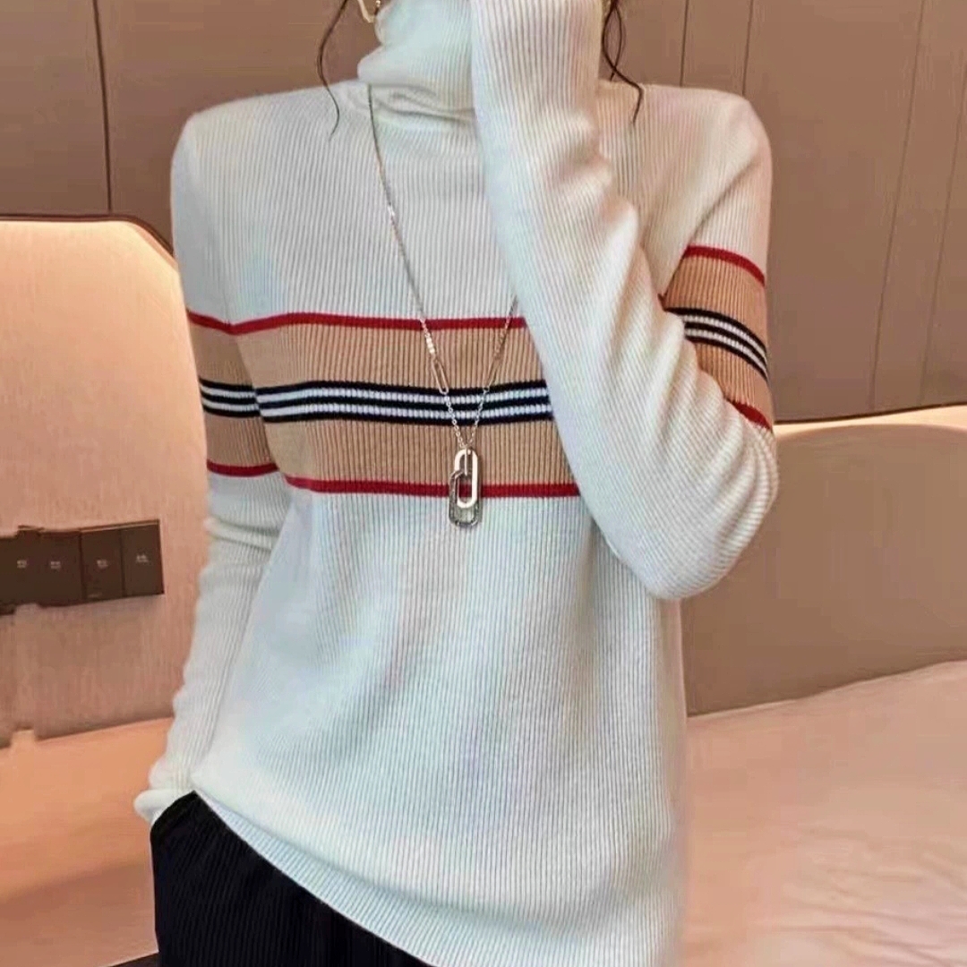 羊毛混纺2023秋冬新款女修身条纹高领拼色短款套头打底内搭针织衫