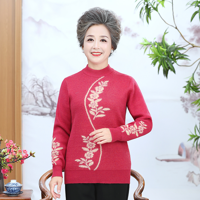 中老年女装一体绒毛衣妈妈装针织衫奶奶打底衫加绒加厚套头半高领