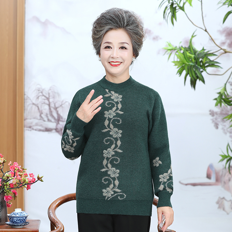 中老年女装一体绒针织衫加绒加厚妈妈毛衣套头奶奶装弹力大半高领