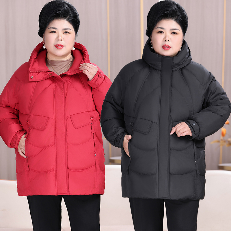 冬季羽绒服白鸭绒 240斤特大码羽绒服中老年女冬妈妈新款连帽宽松