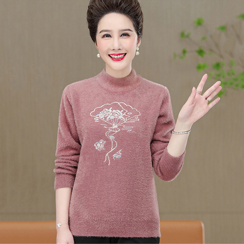 中老年针织衫女仿貂绒打底衫妈妈毛衣秋冬洋气套头线衣奶奶装1