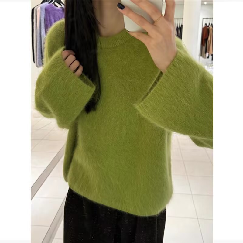 T2266 松弛感宽松毛衣软糯细腻绿色套头针织上衣