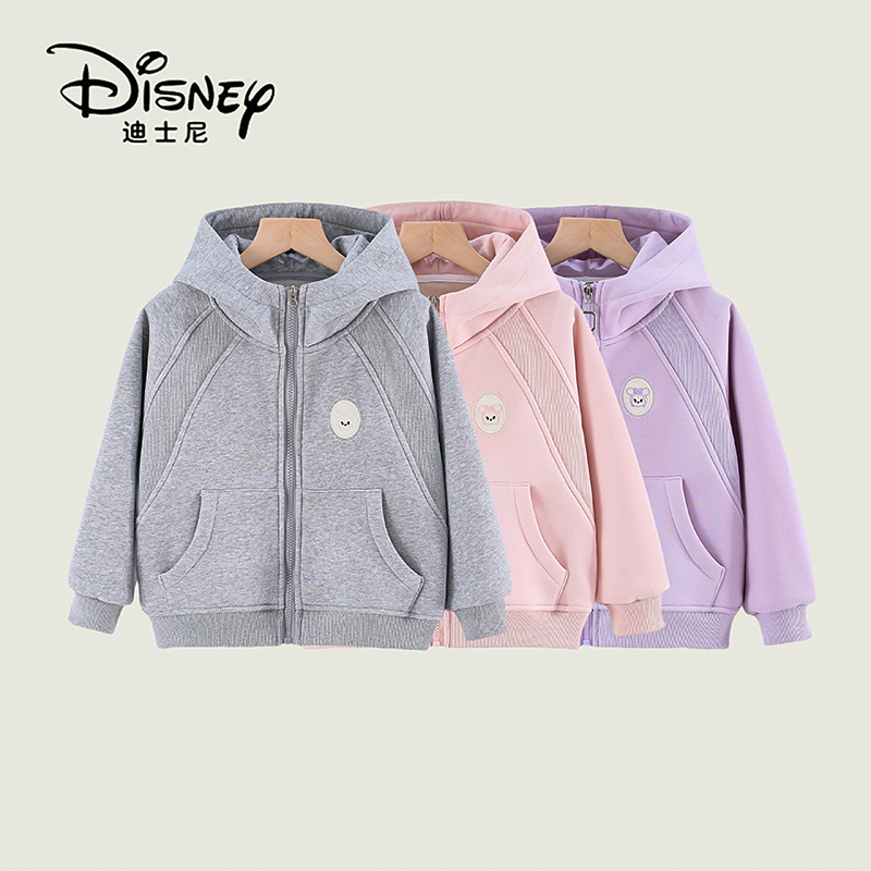Disney/迪士尼【加绒】中大童新款拼接刺绣男女童拉链长袖连帽外套