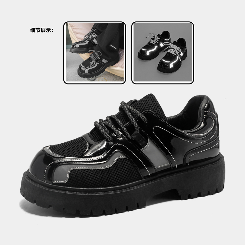 2024年春夏新款网面皮鞋男生潮流百搭大头德比鞋子黑色马丁靴透气