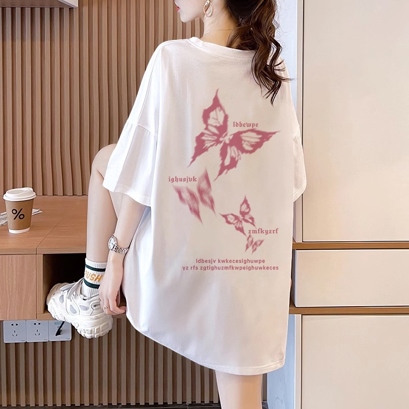 纯棉重磅美式潮牌蝴蝶印花短袖t恤女2024夏季小众大码胖mm上衣服