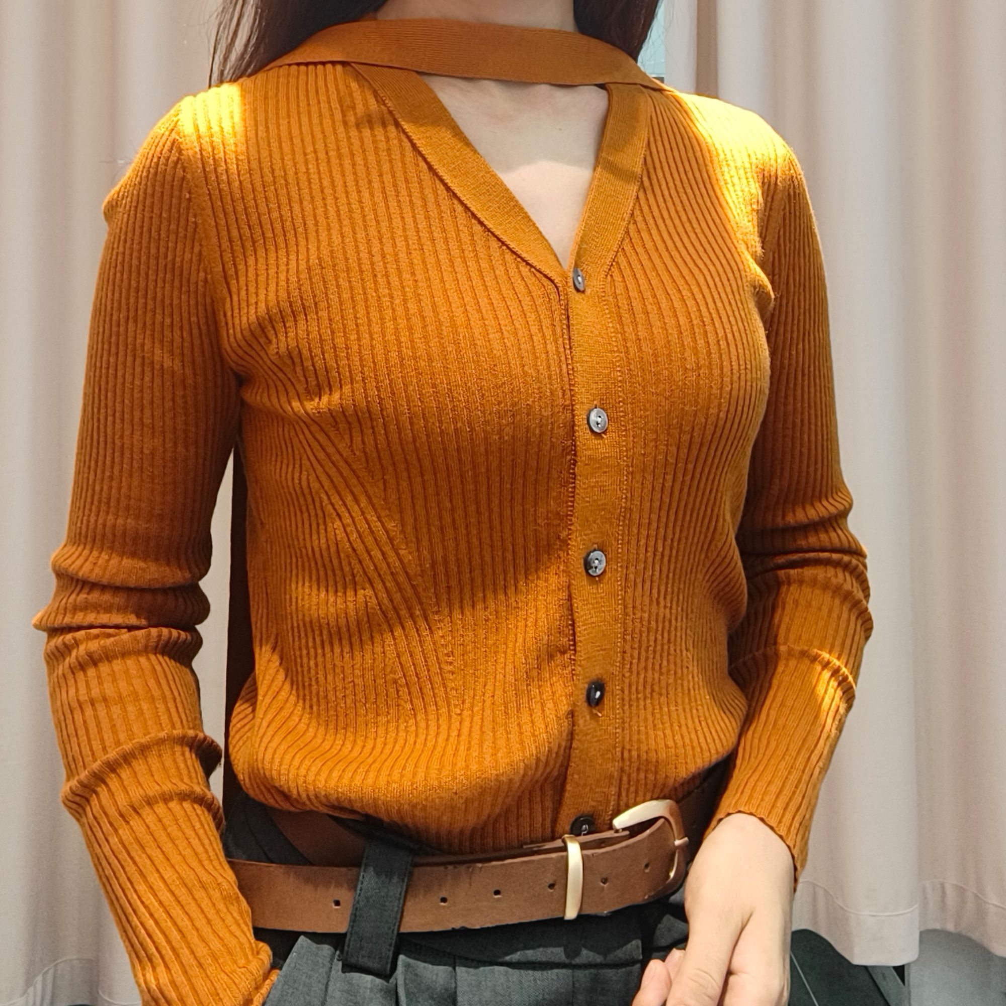 2024早秋新款高级感百搭V领飘带修身挂脖长袖针织开衫潮春秋显瘦