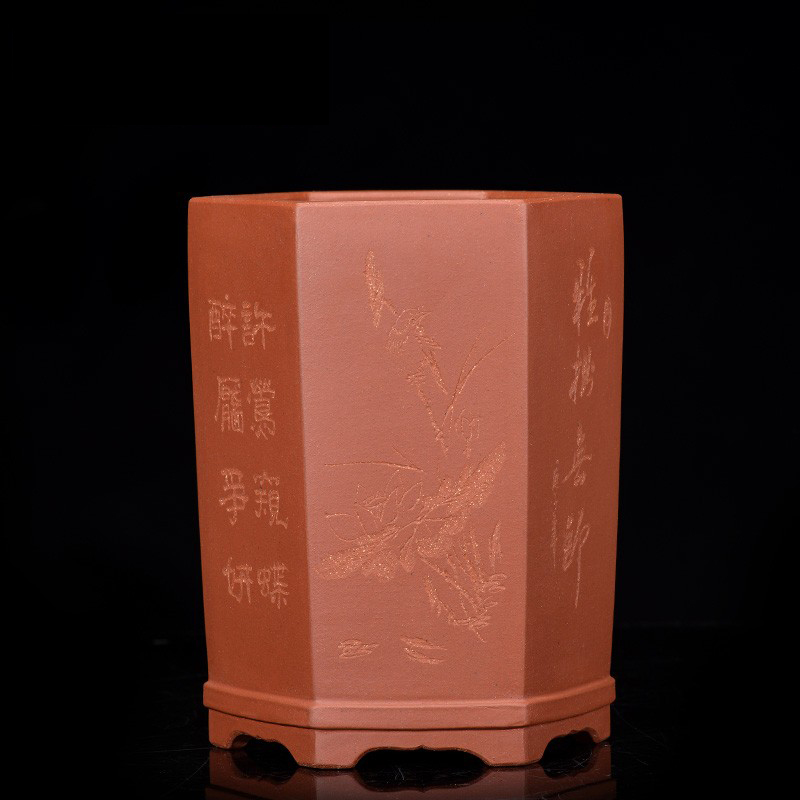 壶盆皆友精品兰花盆小型本色清水泥高六方盆通体刻绘画面深签筒盆