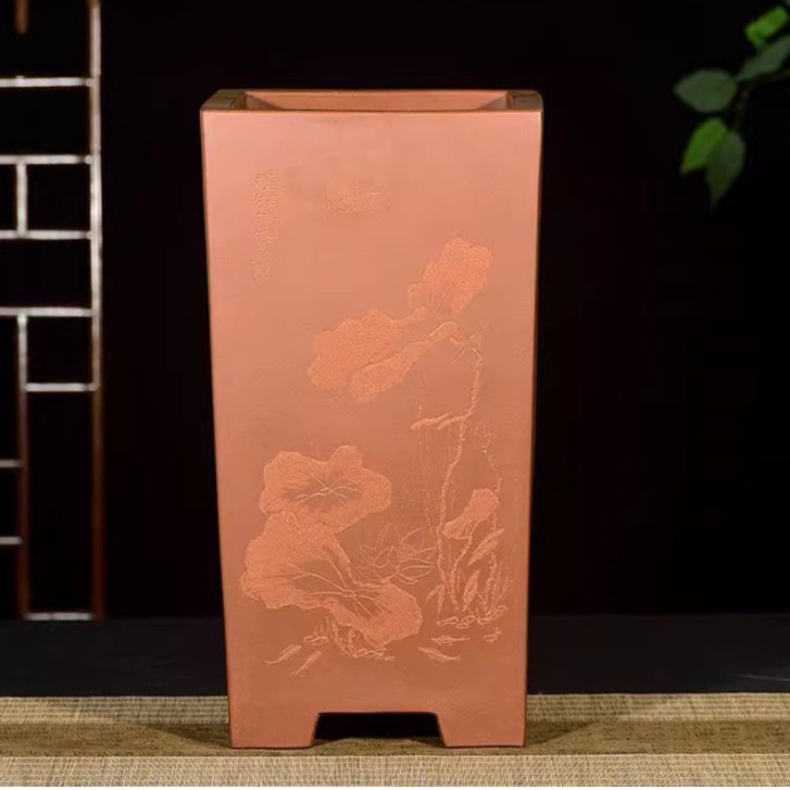壶盆皆友宜兴精品紫砂大型四方清水泥40厘米高悬岸盆景盆直口签筒