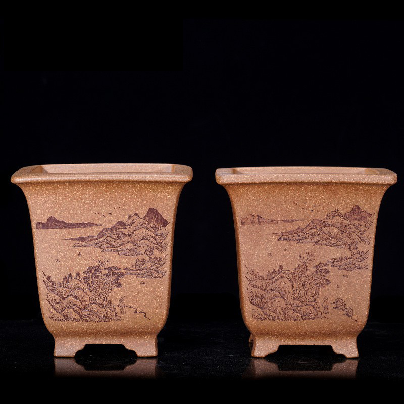 壶盆皆友宜兴名家精品手工紫砂花盆兰花盆许成安原矿段泥四方飘口