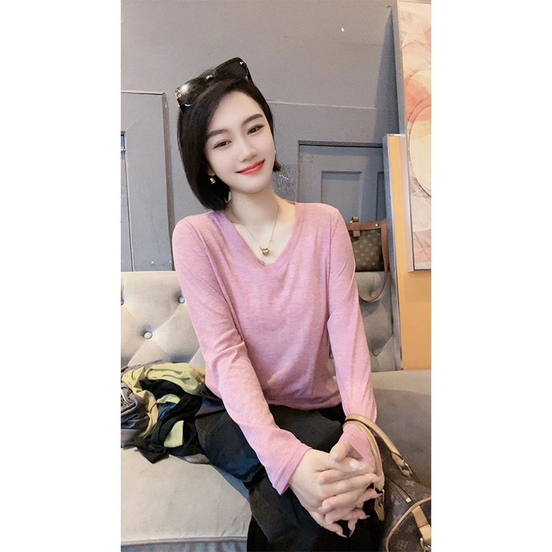 大喜服饰✔️原创纯色秋装新款V领长袖T恤简约百搭打底上衣女显瘦朝