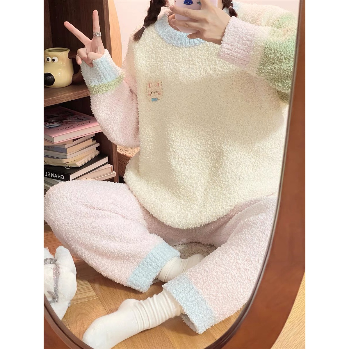 【玛卡龙兔】软绵绵高端家居羽毛纱系列加绒宽松毛绒家居服套装加厚