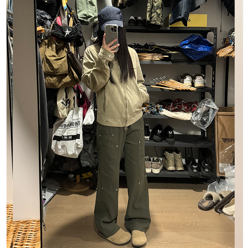 铆钉伐木工装水洗牛仔裤男秋冬美式vibe高街潮牌修身直筒微喇裤子