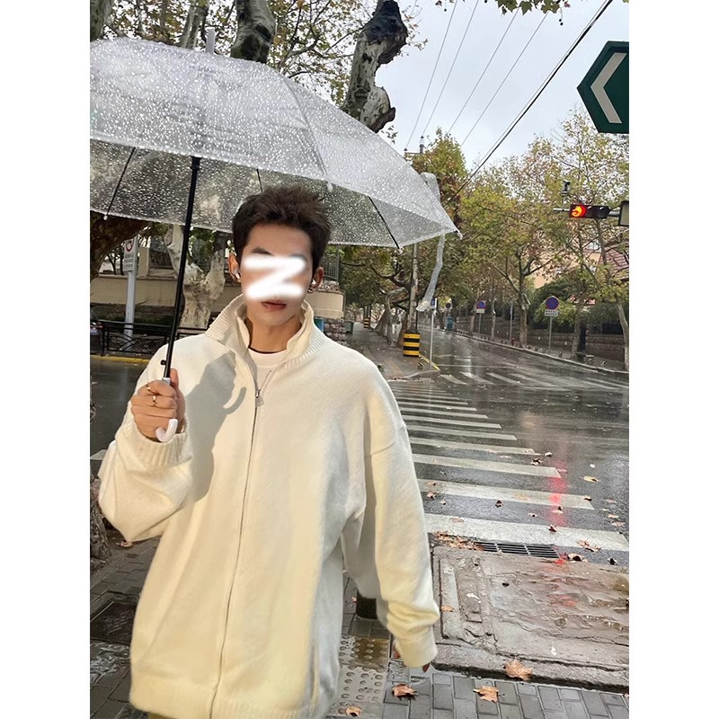 杏色立领双拉链慵懒风开衫毛衣男秋冬季高级感小众针织衫美式外套