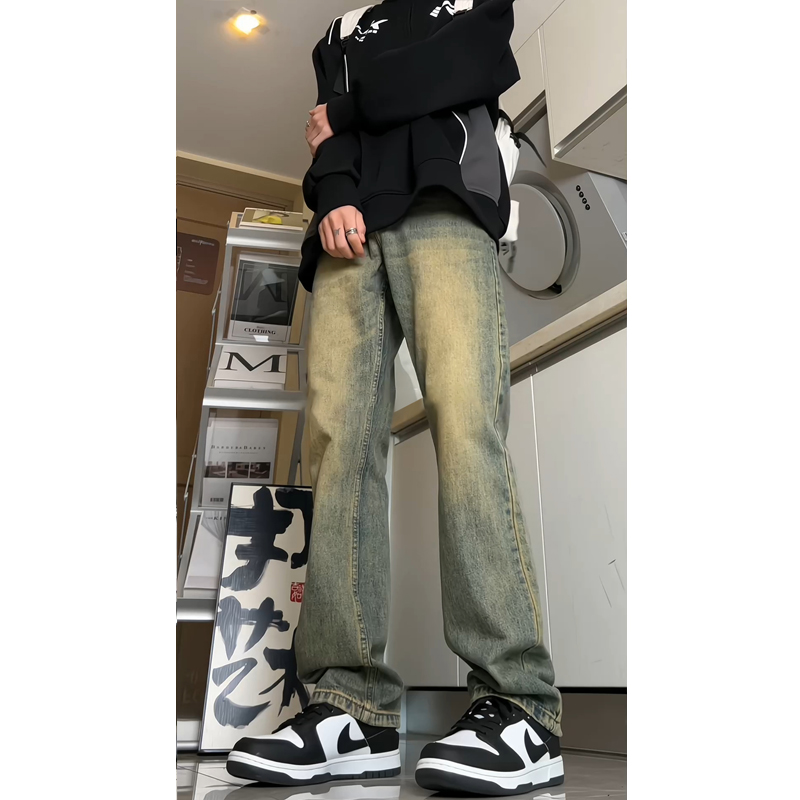 黄泥染水洗做旧牛仔裤男秋冬美式vibe高街潮牌宽松直筒阔腿长裤子