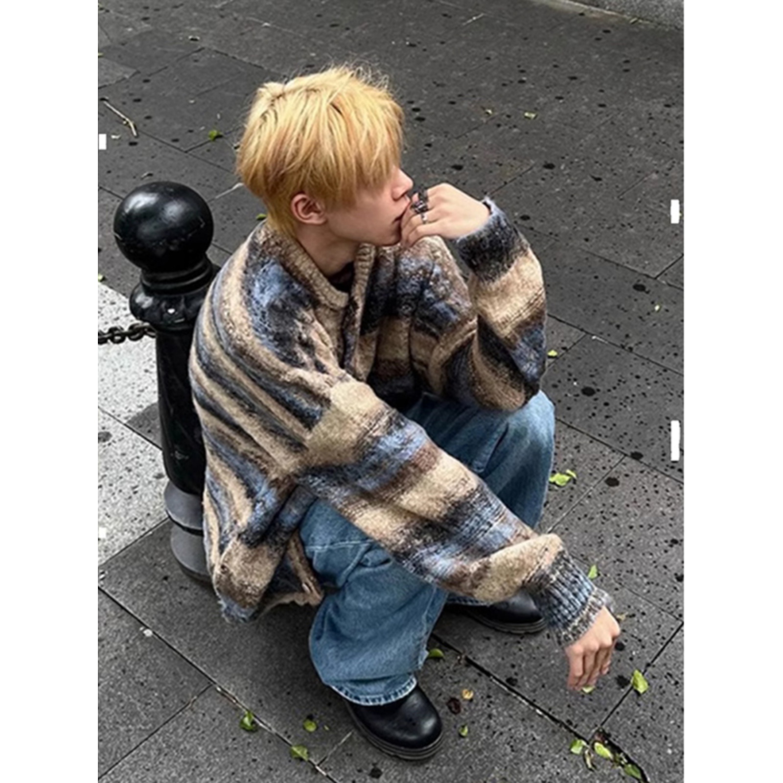 虞书欣撞色拼接彩虹毛衣男秋冬款宽松慵懒风高级感针织开衫dk外套