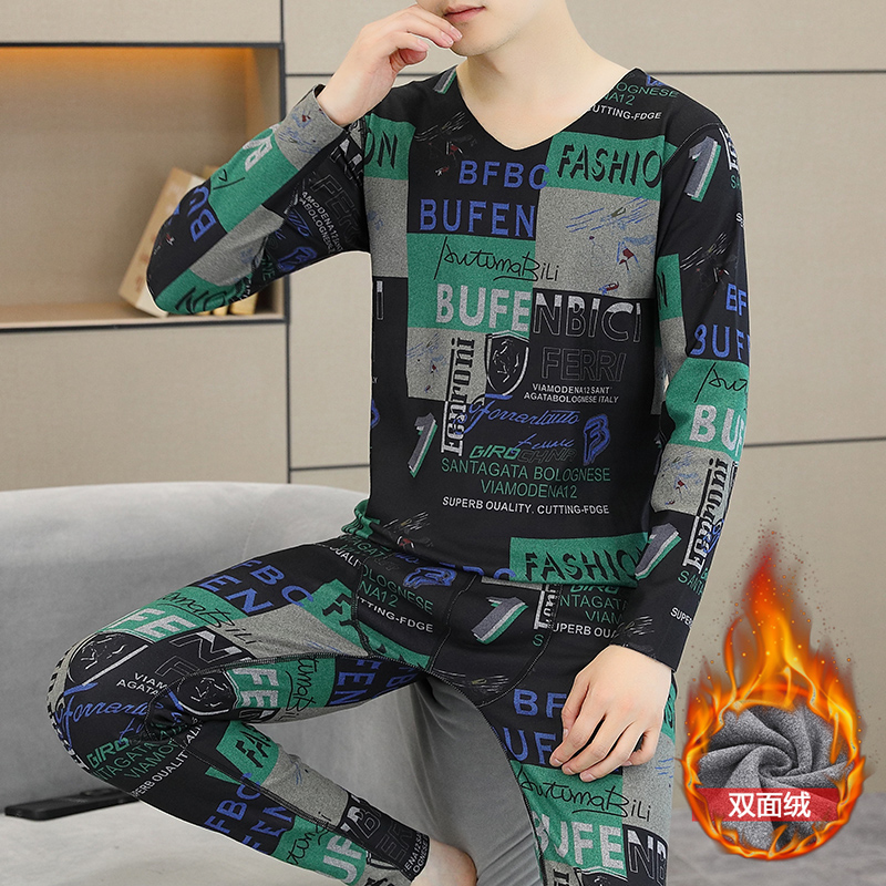 秋冬天男士双面绒保暖内衣套装时尚不规则图案德绒磨毛秋衣秋裤男