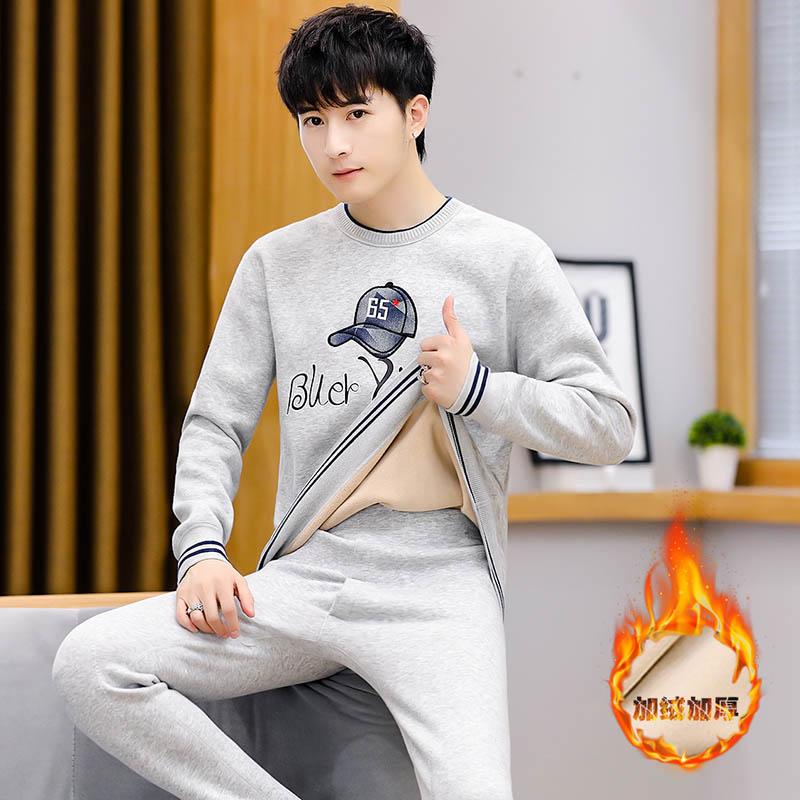  冬季青少年学生加绒加厚保暖内衣套装男士一体绒印花保暖衣大童