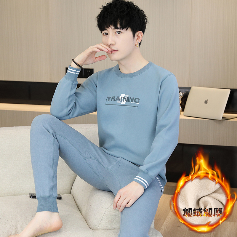 冬季青少年学生加绒加厚保暖衣套装圆领羊羔绒保暖内衣套装一体绒