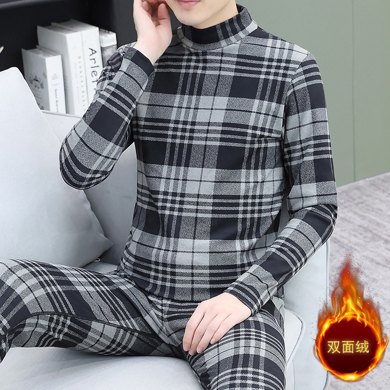 90-210斤秋冬30-50岁男士双面绒条纹格保暖内衣套装中领秋衣秋裤