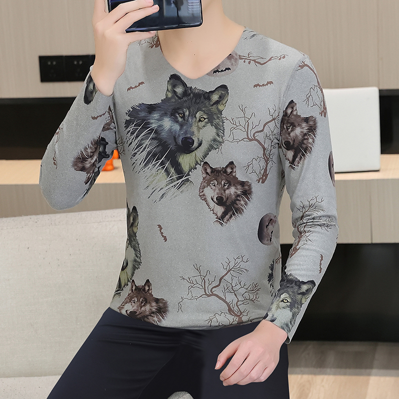 秋冬新款男士V领弹力保暖衣时尚打底衫双面绒印花长袖T恤上衣百搭