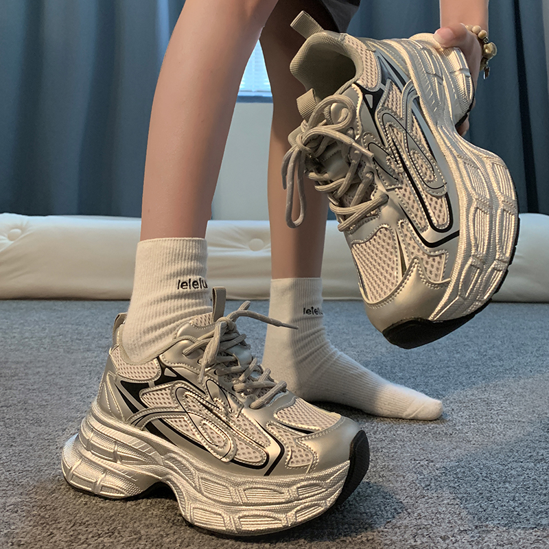 贾不假2025秋冬新款银色老爹鞋女鞋小个子透气休闲鞋增高厚底鞋子