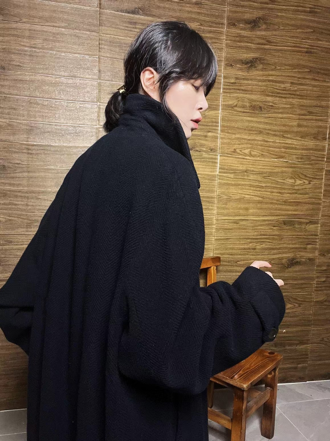 95新 KENZO/肯佐 送中检/肯佐黑色人字纹大衣