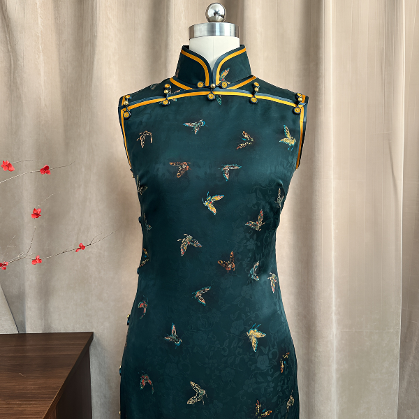 肆时花「玉梦蝶」莨纱香云纱 全开襟有省手工旗袍-5-1380