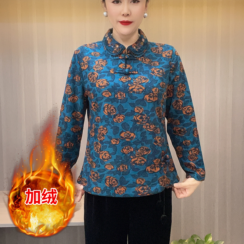 8857翻领盘扣冬季新款加绒中老年宽松大码时尚洋气保暖妈妈装T恤