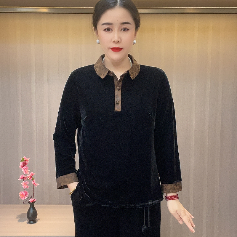 3136新款秋冬翻领翻领时尚大气中老年服装网红显瘦百搭黑色妈妈装