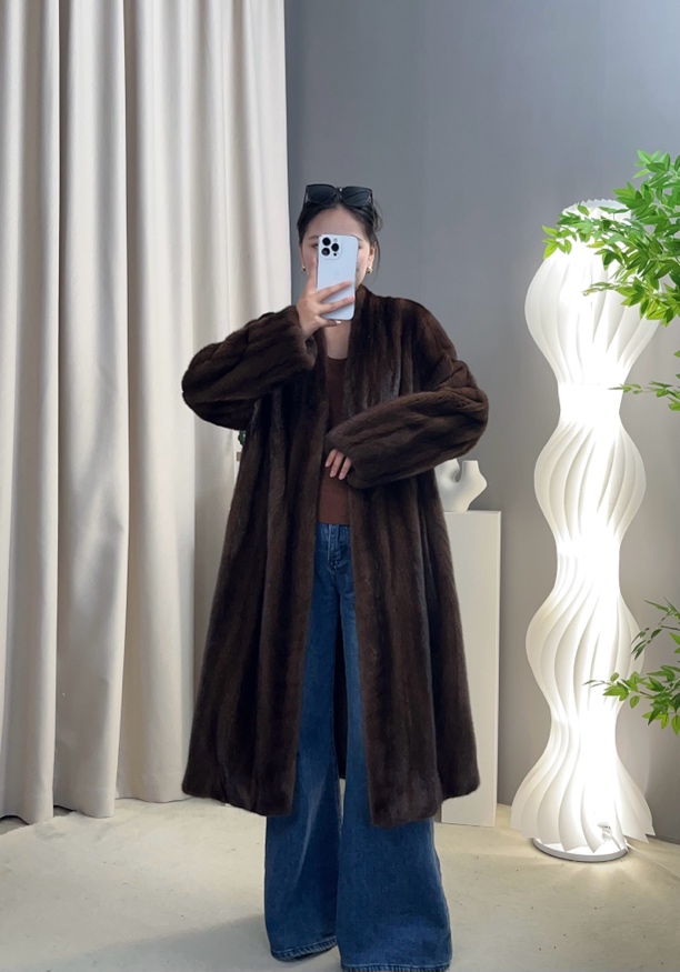 110长v领咖啡全抽貂皮大衣