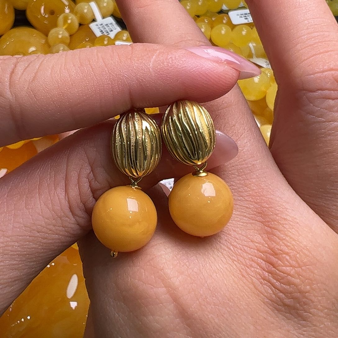 蜜蜡耳饰银S925镀金镶嵌