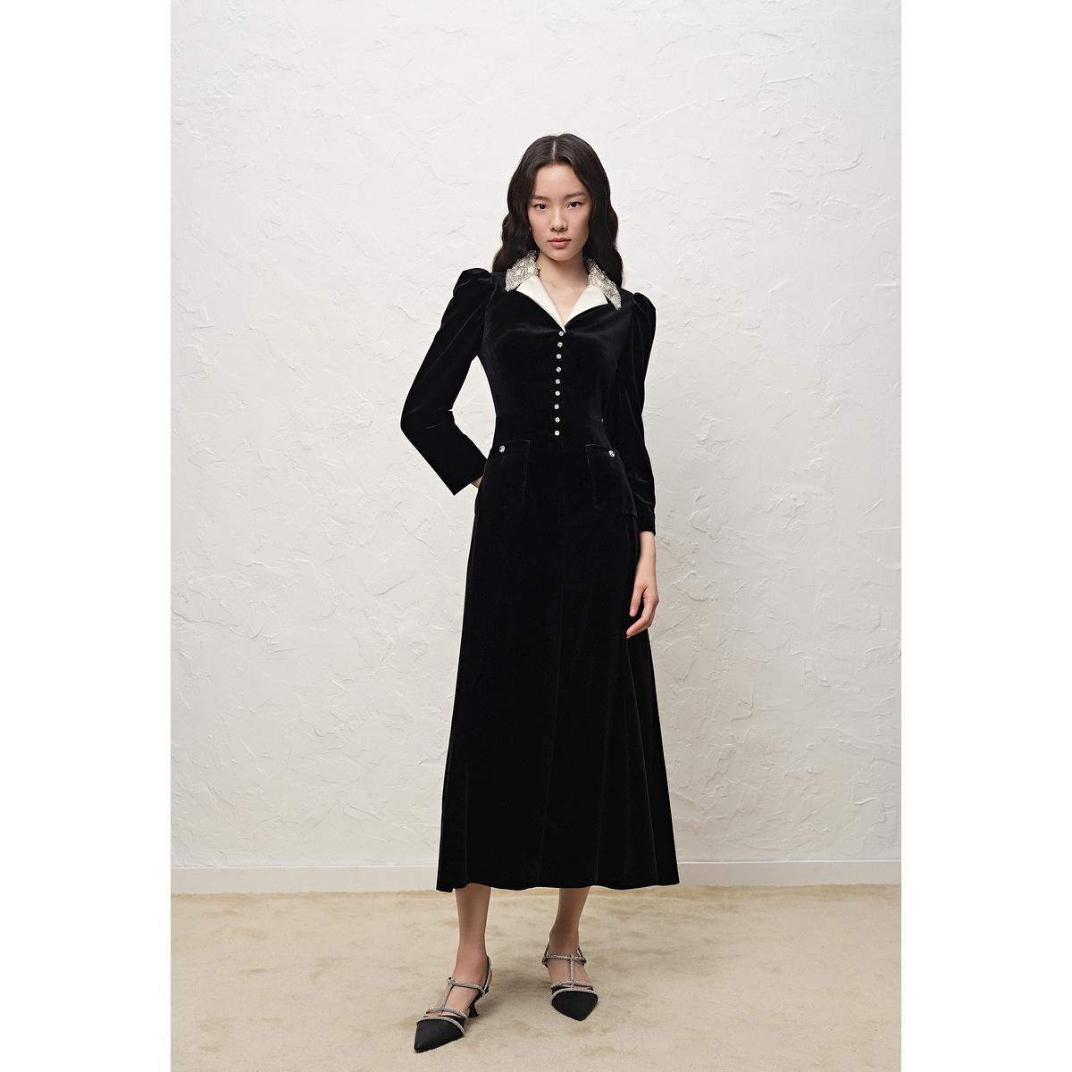 OBBLIGATO奥丽嘉朵闪光丝绒菱形格镂空钉钻连衣裙1C65305290