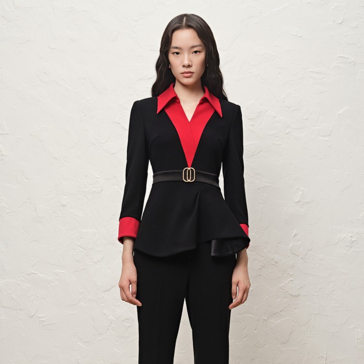 奥丽嘉朵22冬金标黑色V领设计收腰显瘦不规则衣摆上衣1C32570100