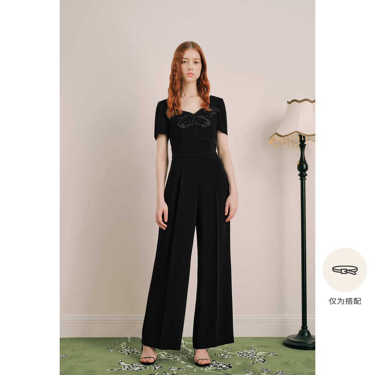 奥丽嘉朵2024夏季金标黑色钉钻蝴蝶立体刺绣心型连体服1C34202100
