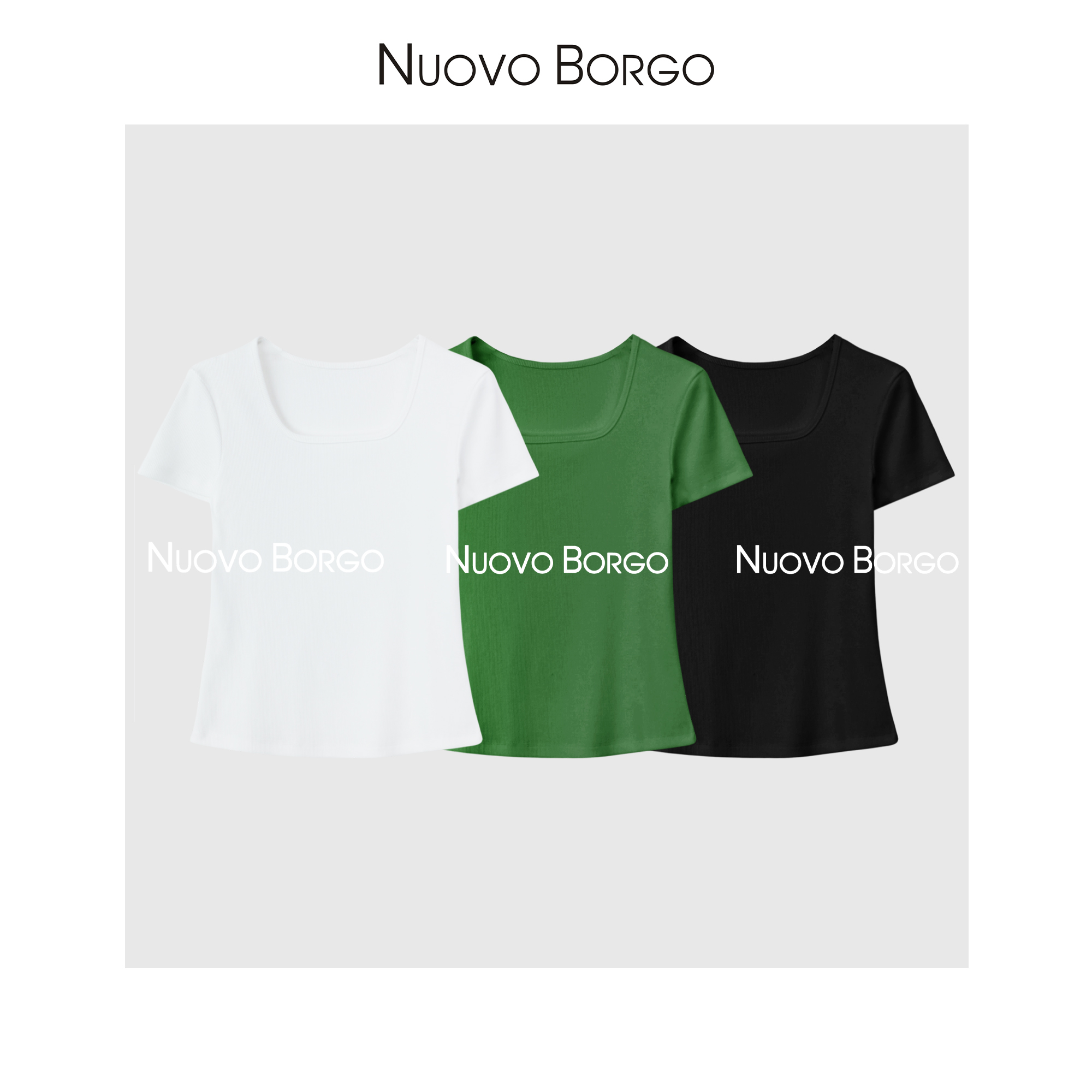 Nuovo Borgo 方领露锁骨短袖T恤修身内搭打底衫螺纹上衣J140/0091