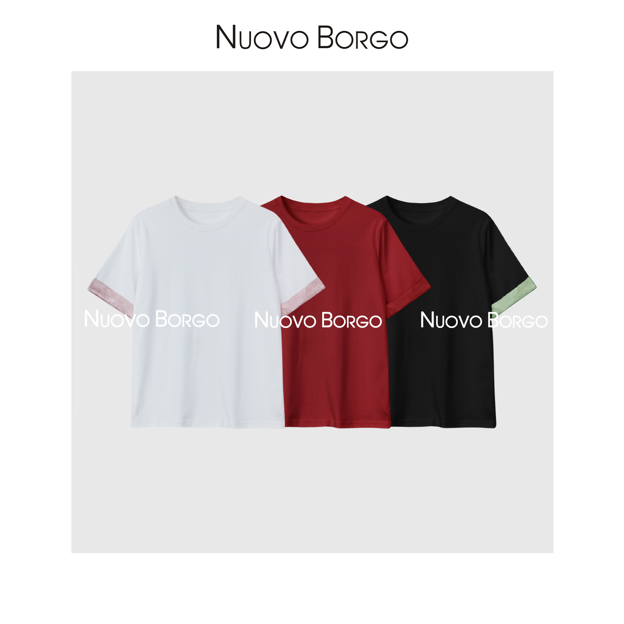 Nuovo Borgo 圆领拼色翻边短袖T恤国风减龄显瘦纯棉上衣J140/0083